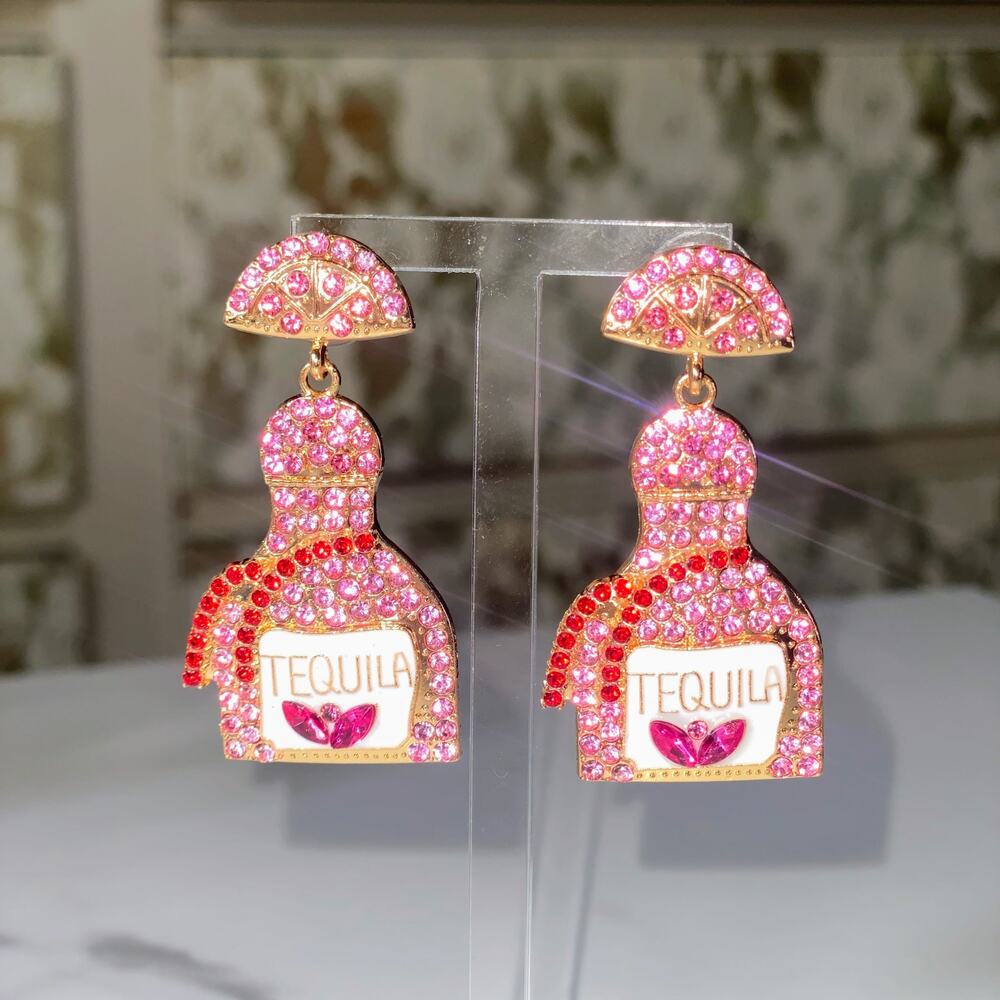 New‎ Pink Rhinestone Tequila Bottle Dangle Earrings Jeweled Drop Barbiecore Gold